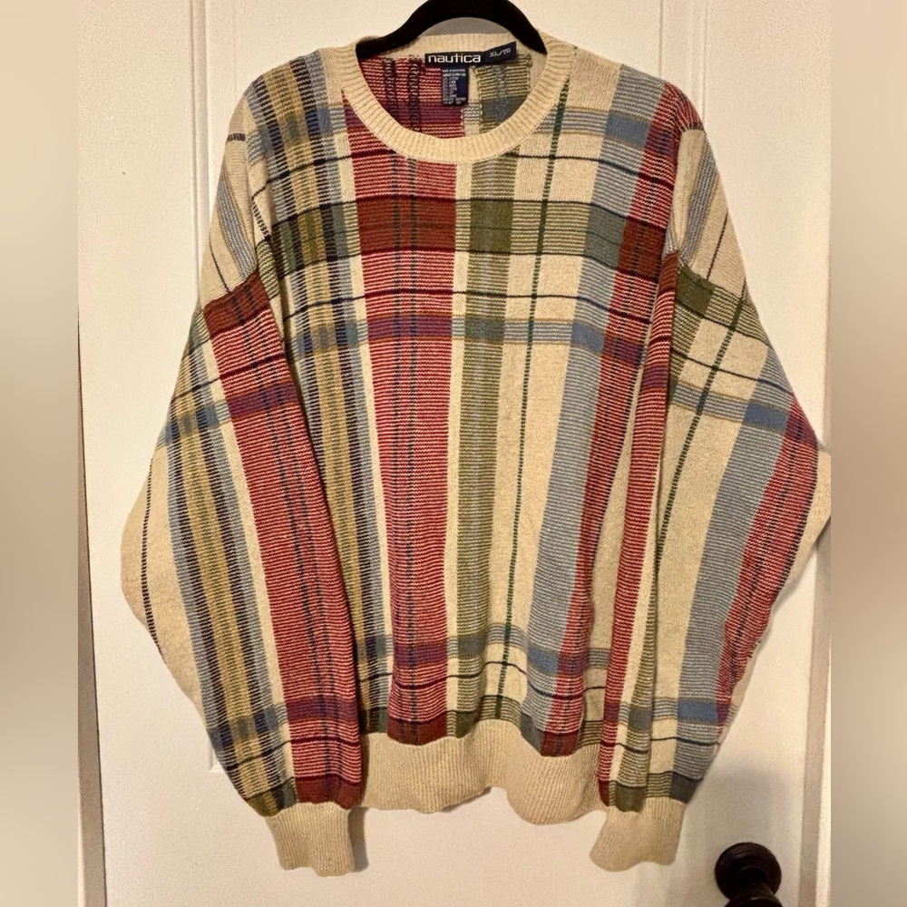 Vtg Nautica plaid sweater men’s XL cotton linen 90s cream, red, green holiday